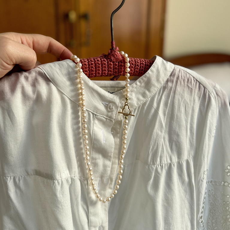 14 kt - No.5 Ferskvands perlekæde på rosa silkesnor – 49cm