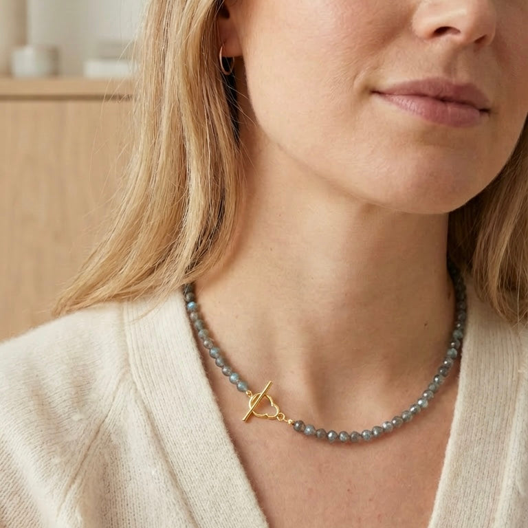 Sølv eller 14 kt pærelås med labradorit kæde 45 cm.