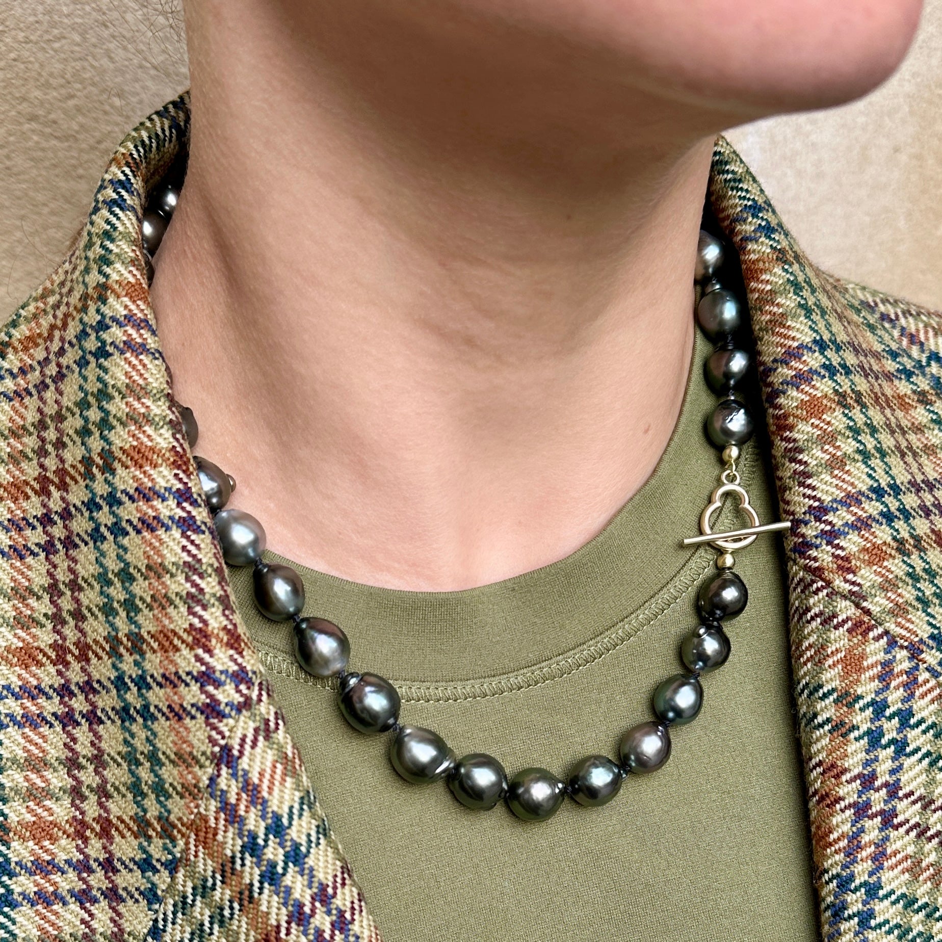 14 kt -  Tahiti perler kæde med Champagnebobler & pærelås 49 cm